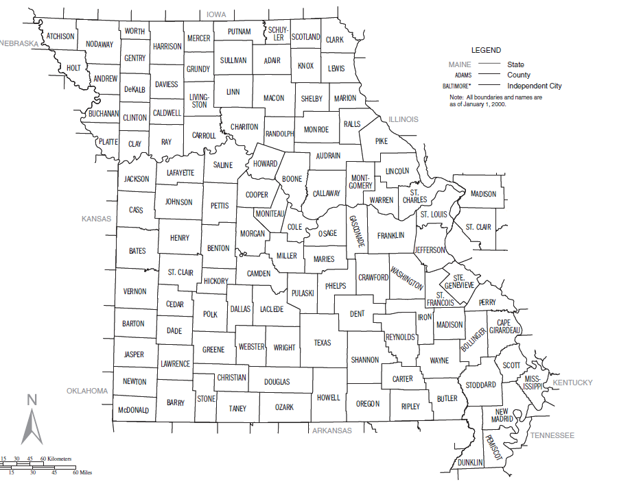 Missouri With St Clair and Madison Counties