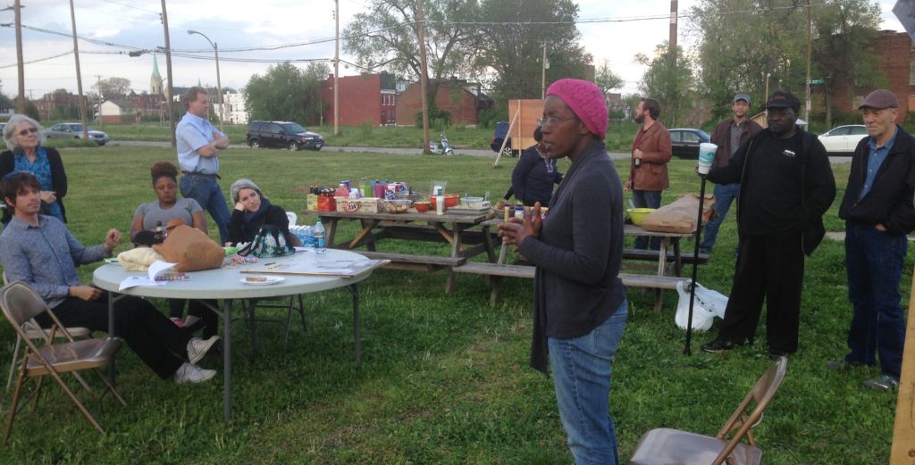 Sheila Rendon, whom the City of St. Louis is trying to evict from her house, discusses the history of her neighborhood at an event held on April 23, 2016